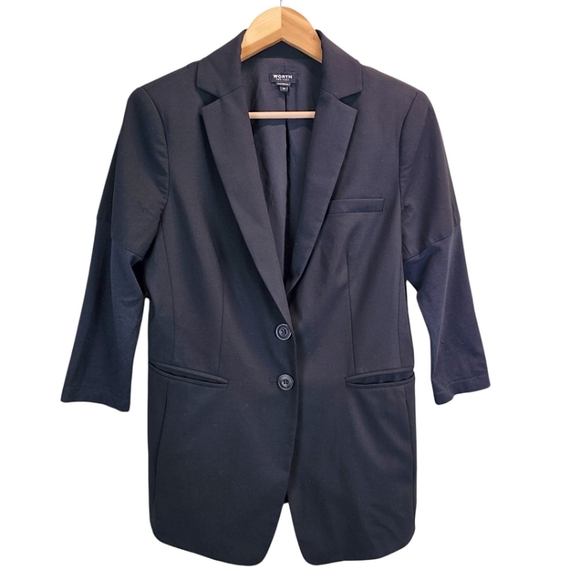 Worth Womens Wool 2 Button 3/4 Knit Sleeve Blazer 10 Black Navy Classic Tailored - Picture 1 of 12